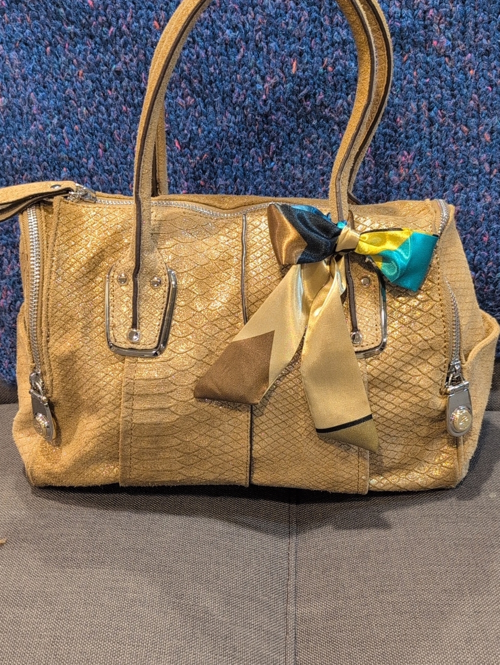 B Makowsky Gold Textured Leather Satchel. Silver Hardware. EUC